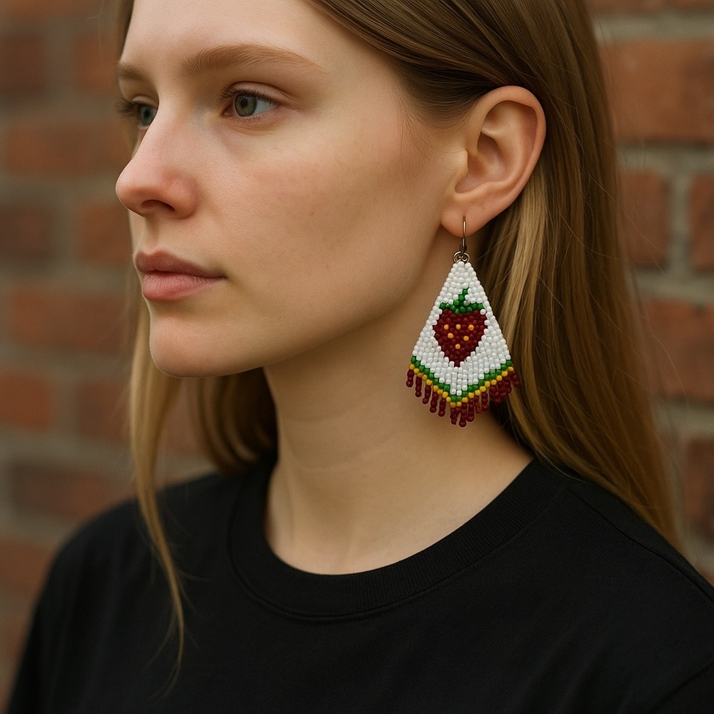 Hand Crafted Strawberry Beaded Fringe Earrings White and Red